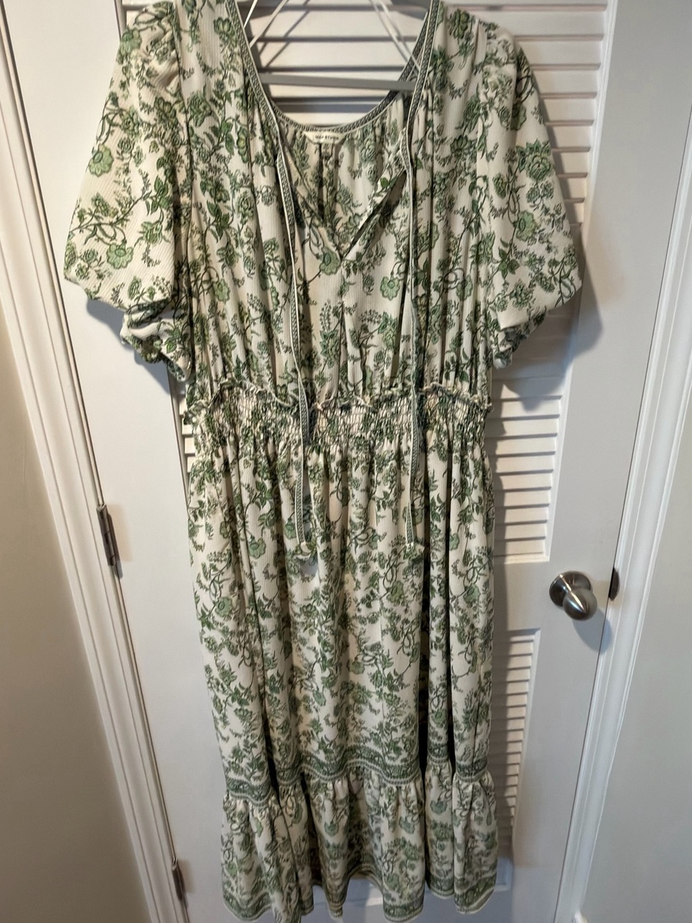 Cream Midi Dress with Green Botanical Print